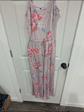 Floral Sleeveless Maxi Jumpsuit in Blush with Coral Roses